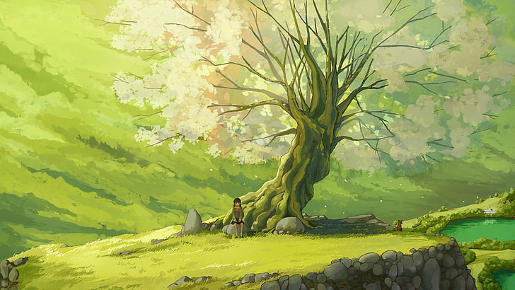 girl sitting on rock beside tree painting, original characters, landscape, trees, HD wallpaper