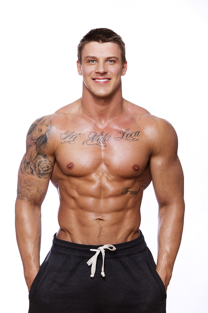Männer schwarze Tunnelzug Bottoms, dünn, Männer, shirtless, Modell, Bodybuilder, lächelnd, HD-Hintergrundbild, Handy-Hintergrundbild
