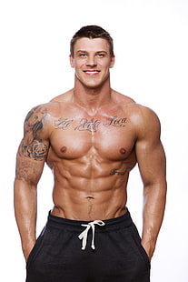 men's black drawstring bottoms, skinny, men, shirtless, model, Bodybuilder, smiling, HD wallpaper HD wallpaper