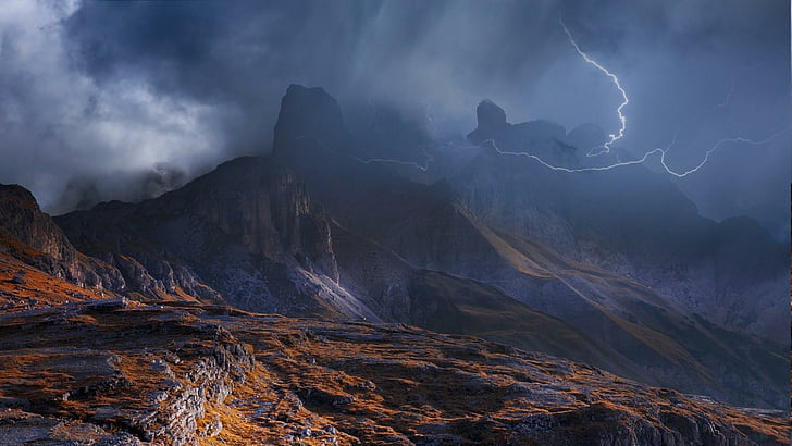 storm, thunder, thunderstorm, lightning, mountains, clouds, nature, HD wallpaper