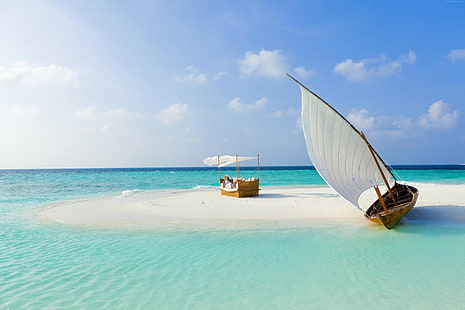 Лучшие отели 2017 года, вода, лучшие места для дайвинга в мире, путешествия, лодка, небо, туризм, облака, 4k, Male Attols, 5k, Baros Maldives, курорт, отдых, море, океан, лучшие пляжи 2017 года, HD обои HD wallpaper