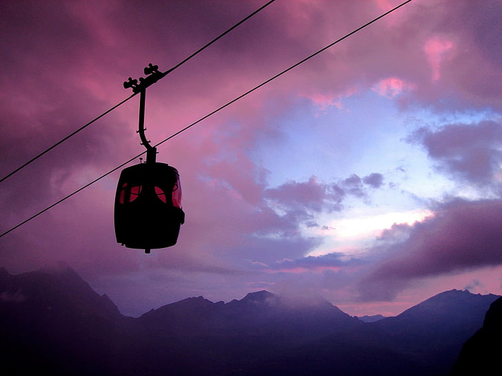 silhouette of cable car, lift, sky, night, HD wallpaper