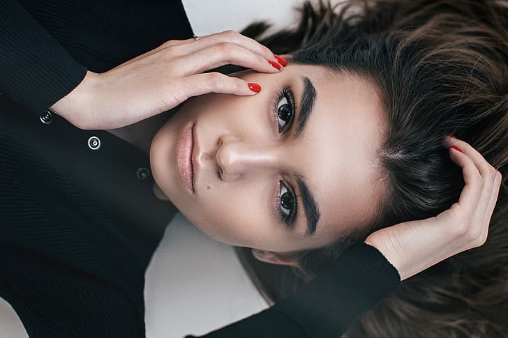 Sergey Vostrikov, women, brunette, long hair, makeup, eyeliner, dark eyes, looking at viewer, painted nails, red nails, hand on face, blouse, black clothing, high angle, portrait, HD wallpaper
