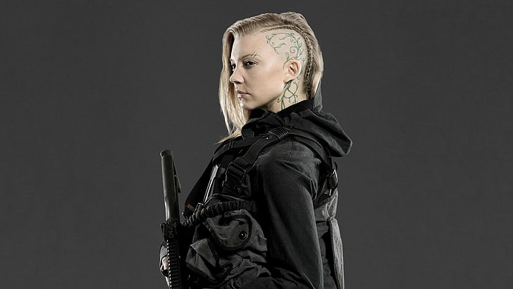 Hunger Games Natalie, Natalie Dormer, skådespelerska, blondin, rakat huvud, grå bakgrund, Cressida, sidrakning, HD tapet