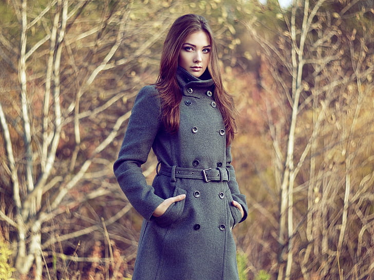 brunette, grey coat, fall, coats, trees, women, HD wallpaper