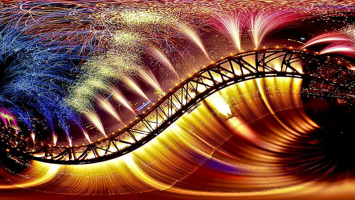 ✰amazing Of Fireworks✰, arte da ponte suspensa, ano novo, celebrações, estações, feriados, festival, feliz, curva, fogo, 2013, colorido, amazin, HD papel de parede