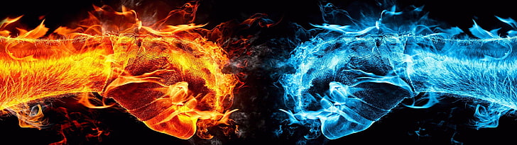 ilustracja czerwonych i niebieskich rąk, ludzkie dłonie z czerwonymi i niebieskimi płomieniami, anime, abstrakcja, Mortal Kombat, gry wideo, pięści, ogień, lód, Tapety HD