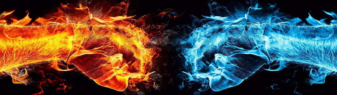 illustration des mains rouges et bleues, mains humaines avec des flammes rouges et bleues, résumé, jeux vidéo, poings, feu, glace, Mortal Kombat, Fond d'écran HD HD wallpaper