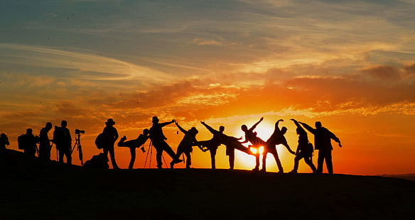 adventure, backlit, community, dawn, dusk, friends, friendship, group, leisure, outdoors, people, photoshoot, pose, recreation, silhouette, social, sunrise, sunset, team, together, travel, HD wallpaper HD wallpaper