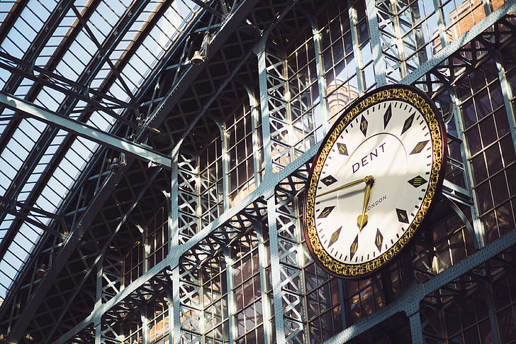 clock, engineering, girders, precision, skylight, st pancras railway station, steel structure, time, watch, HD wallpaper