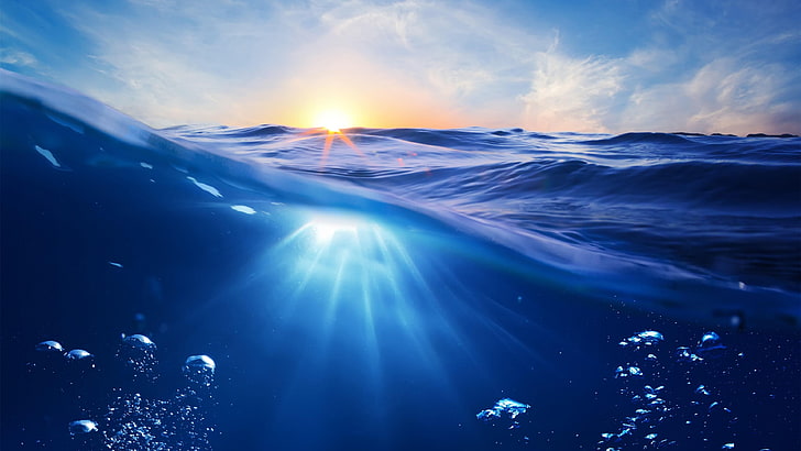 sea, ocean, sky, horizon, blue water, water, underwater, wave, sunlight, calm, daytime, blue sea, blue, sunray, bubble, HD wallpaper