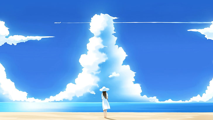 femme portant sunhat personnage de fond d'écran animé, art fantastique, nuages, dessin, bleu, mer, eau, plage, filles de l'anime, Fond d'écran HD