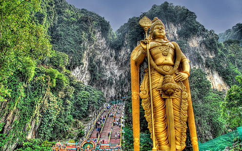 золотая статуя индуистского бога, муруган, малайзия, статуя, лестницы, холмы, люди, HDR, HD обои HD wallpaper