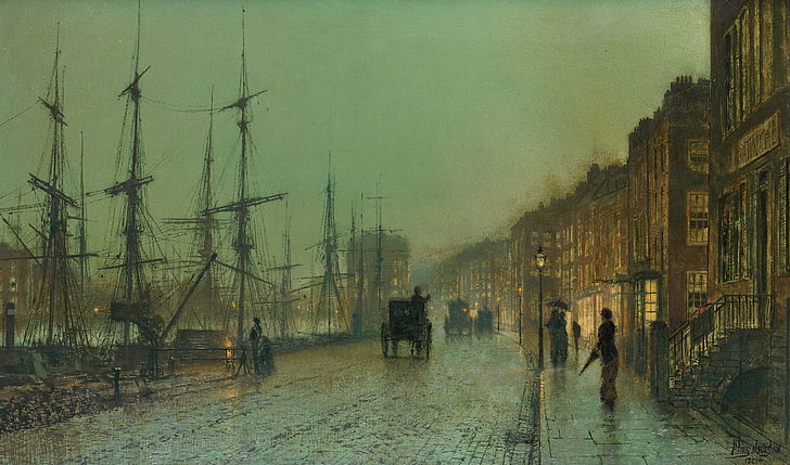 ship, picture, mast, promenade, the urban landscape, John Atkinson Grimshaw, The Docks Of Glasgow, HD wallpaper