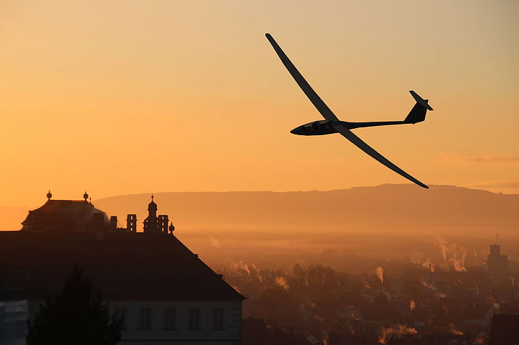 aircraft, atmosphere, city, dawn, downtown, float, fly, germany, glider pilot, homes, light, lighting, magnificent buildings, mood, morgenstimmung, morning, morning hour, sail, scene, settlement, silhouette, sun, sunr, HD wallpaper