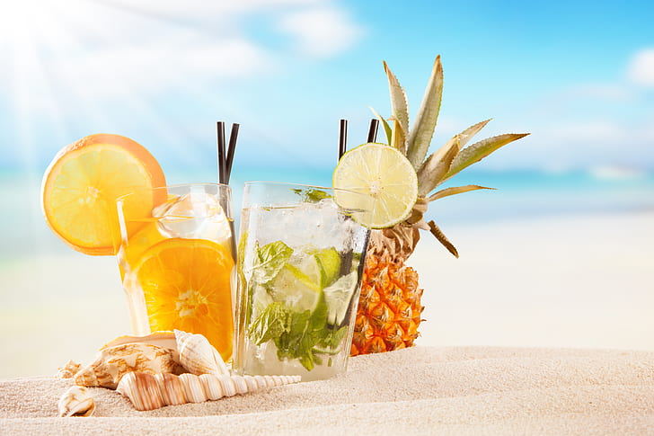море, пляж, коктейль, лето, фрукты, свежий, рай, напиток, тропический, HD обои