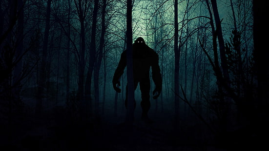  silhouette, artwork, forest, night, horror, Yeti, creepy, dark, fictional creatures, creature, deep forest, HD wallpaper HD wallpaper