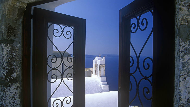 greece, santorini, window, HD wallpaper