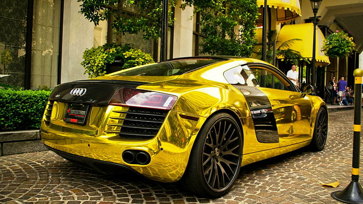 car, gold, motor vehicle, vehicle, design, sports car, supercar, luxury vehicle, audi, audi r8, gold car, performance car, street, HD wallpaper