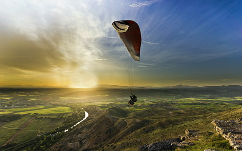 Paragliding sport, green and brown mountains, sport, Sunset, landscape, paragliding, HD wallpaper HD wallpaper