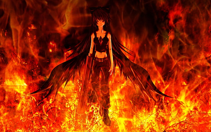 anime, anime girls, Touhou, Reiuji Utsuho, fire, dark, HD wallpaper