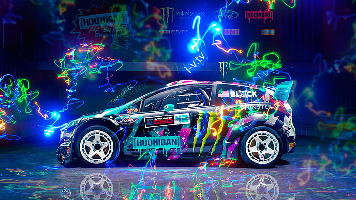 black 5-door hatchback with graffiti, Ford, Ford Fiesta, colorful, hoonigan, Ken Block, car, cyan, neon, neon glow, reflection, HD wallpaper