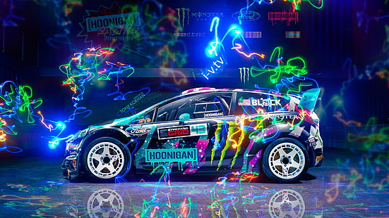 black 5-door hatchback with graffiti, Ford, Ford Fiesta, colorful, hoonigan, Ken Block, car, cyan, neon, neon glow, reflection, HD wallpaper HD wallpaper