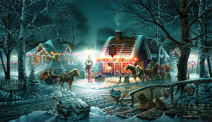 winter, snow, holiday, home, the evening, horse, wagon, sleigh, garland, Terry Redlin, HD wallpaper