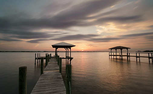 brown wooden dock, Together again, dock, boathouse, indian  river  lagoon, intracoastal  waterway, pier, boat  house, sunset, brevard  county, merritt  island  florida, long  exposure, sony  a6300, sea, nature, beach, vacations, summer, wood - Material, jetty, outdoors, relaxation, sky, water, tropical Climate, tranquil Scene, landscape, HD wallpaper HD wallpaper