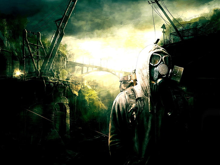 women's black and white traditional dress, gas masks, apocalyptic, artwork, futuristic, HD wallpaper