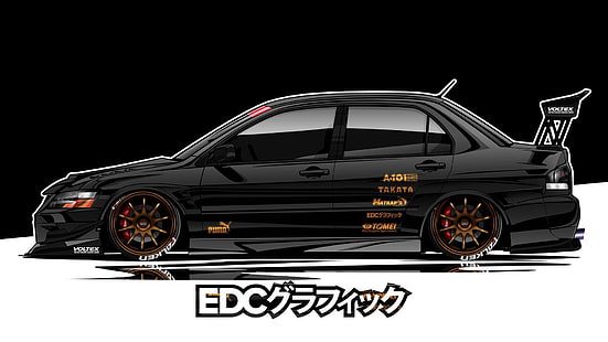 EDC Graphics, Mitsubishi Lancer Evolution, JDM, рендер, автомобиль, произведение искусства, черные автомобили, автомобиль, японские автомобили, Mitsubishi Lancer, Mitsubishi Lancer EVO, Mitsubishi, HD обои HD wallpaper