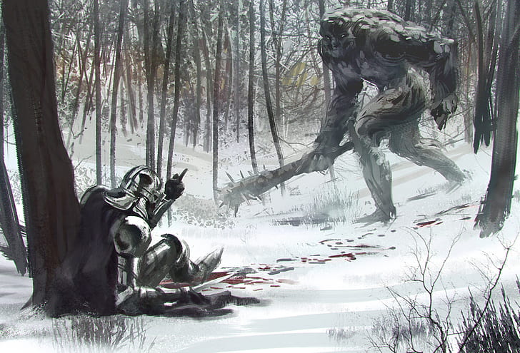 blood, fantasy, forest, soldier, armor, trees, club, snow, weapons, troll, artwork, fuck off, fantasy art, Knight, creature, pearls, fuck you, cape, wounded, HD wallpaper