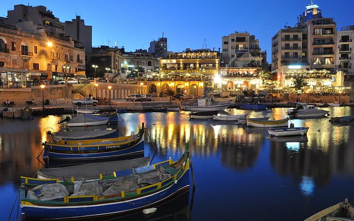 Malte belle nuit, maisons, lumières, bateaux, Malte, belle, nuit, maisons, lumières, bateaux, Fond d'écran HD