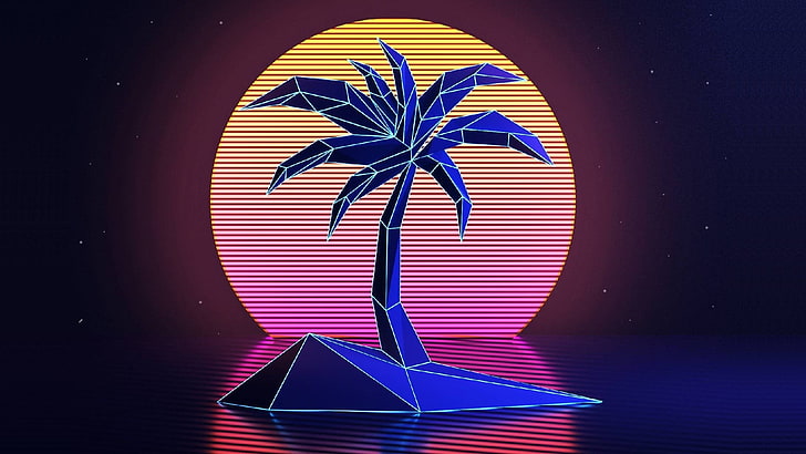 ilustracja niebieskiego drzewa, VHS, palmy, lata 80., New Retro Wave, styl retro, vintage, zachód słońca, neon, Tapety HD