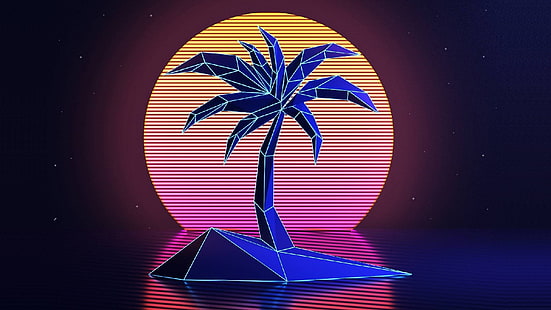 ilustracja niebieskiego drzewa, VHS, palmy, lata 80., New Retro Wave, styl retro, vintage, zachód słońca, neon, Tapety HD HD wallpaper