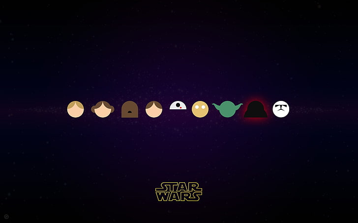 Tapety Gwiezdne Wojny, Gwiezdne Wojny, minimalizm, Yoda, Han Solo, Księżniczka Leia, R2-D2, Luke Skywalker, Chewbacca, C-3PO, Darth Vader, szturmowiec, Tapety HD