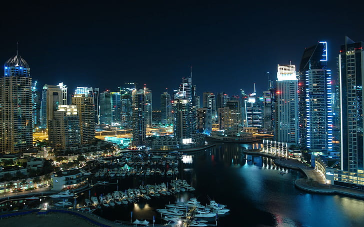 Dubai marina, Dubai, city, United, Arab, Emirates, Dubai marina, houses, Skyscrapers, port, boats, Night, HD wallpaper