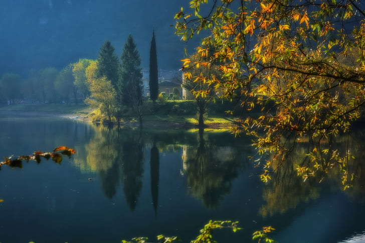 Italia, danau, pohon, luar, jatuh, Wallpaper HD