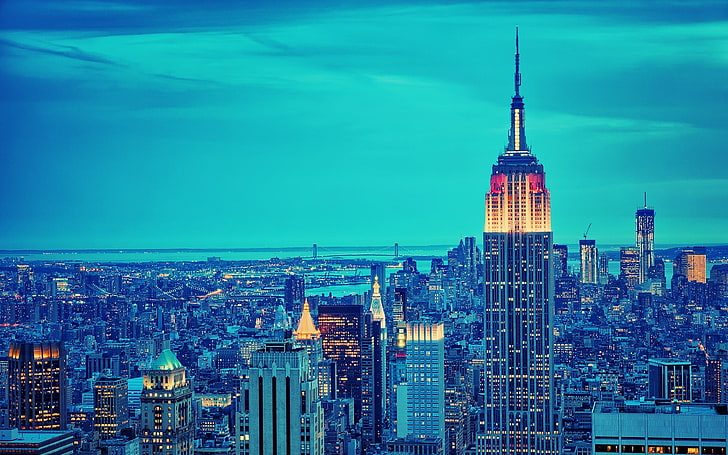 Empire State Building, Nova York, fotografia, cidade, urbana, paisagem urbana, arranha-céu, Empire State Building, Nova York, luzes, azul, construção, HD papel de parede