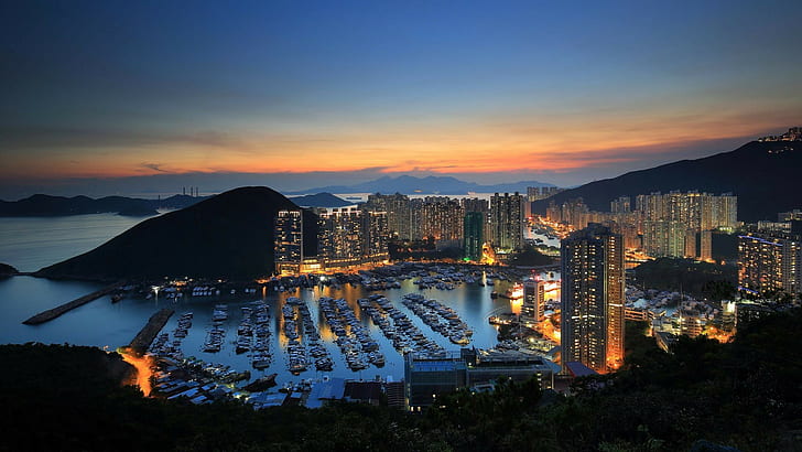 홍콩 항구 산 일몰, HD 배경 화면