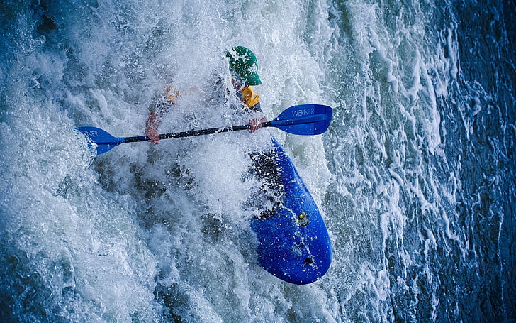 Waterfall Boat Sport, blue kayak, Sports, , water, boating, HD wallpaper