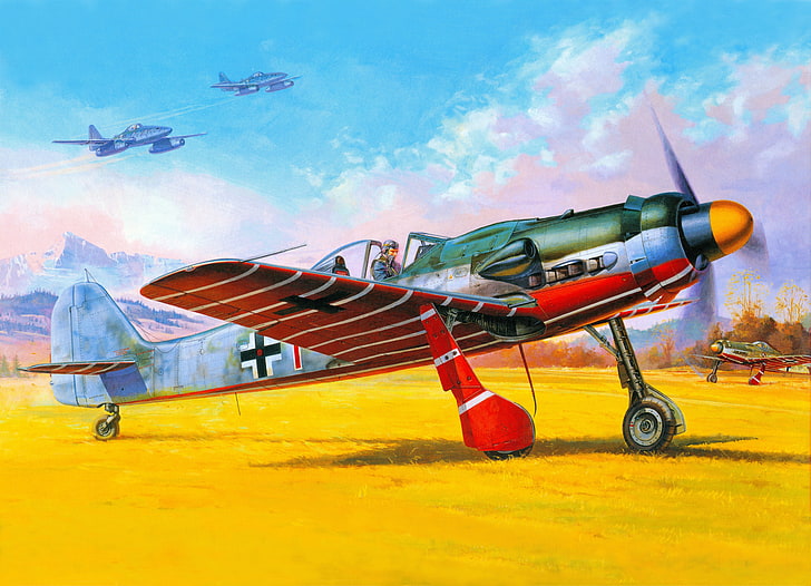 pintura de monoplano verde, montañas, figura, arte, el campo de aviación, Messerschmitt, avión, jet, cazabombarderos, WW2, alemán, el cielo, tierra, Me.262, FW - 190 D - 9, Fondo de pantalla HD