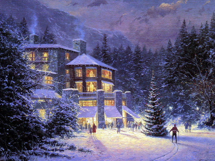 green Christmas tree clipart, forest, people, holiday, Winter, picture, ate, Christmas, tree, the hotel, painting, skier, Thomas Kinkade, Christmas At The Ahwahnee, HD wallpaper
