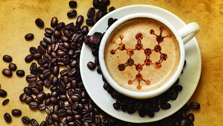 weiße Teetasse und Untertasse, Wissenschaft, Chemie, Kaffee, Getränk, chemische Strukturen, Kaffeebohnen, HD-Hintergrundbild