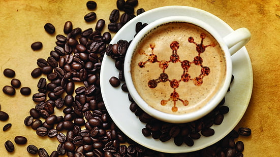 tazza da tè e piattino bianchi, scienza, chimica, caffè, bevande, strutture chimiche, chicchi di caffè, Sfondo HD HD wallpaper