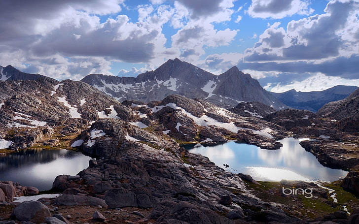 Snow melting-July 2013 Bing wallpaper, alps mountain and gray nimbus clouds, HD wallpaper