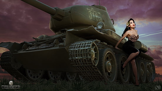 girl, figure, art, tank, T-34, Soviet, average, World of Tanks, Nikita Bolyakov, HD wallpaper HD wallpaper
