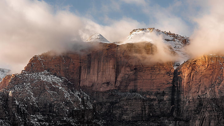 ザイオン国立公園、ユタ州、曇り、山、アメリカ合衆国、岩、国立公園、アメリカ、崖、写真、崖、冬、 HDデスクトップの壁紙