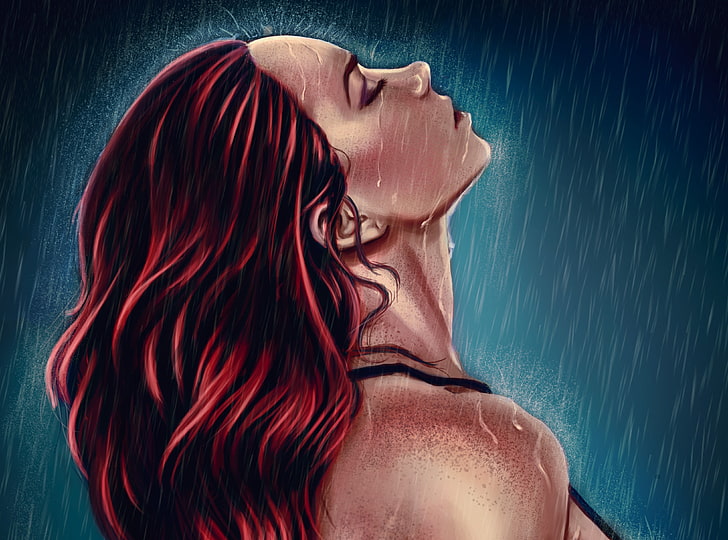 wanita rambut merah di bawah hujan ilustrasi, karya seni, wanita, air mata, hujan, Wallpaper HD
