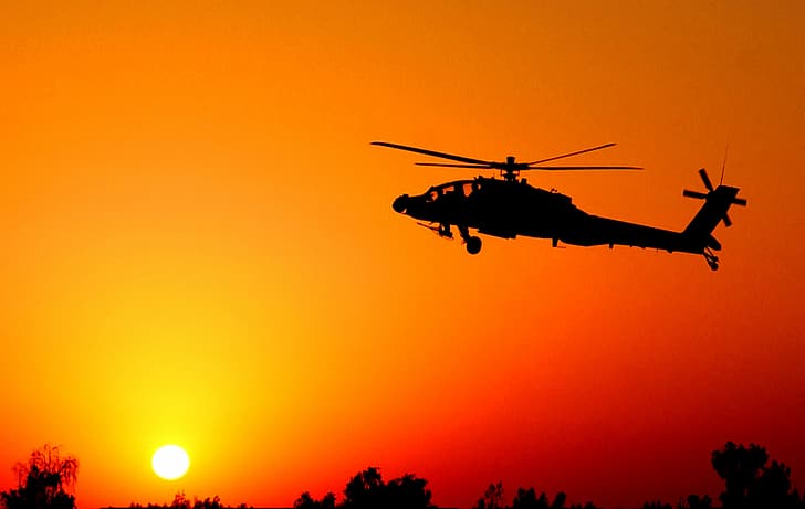 sunset, silhouette, helicopter, Apache, red haze, AN-64A, HD wallpaper